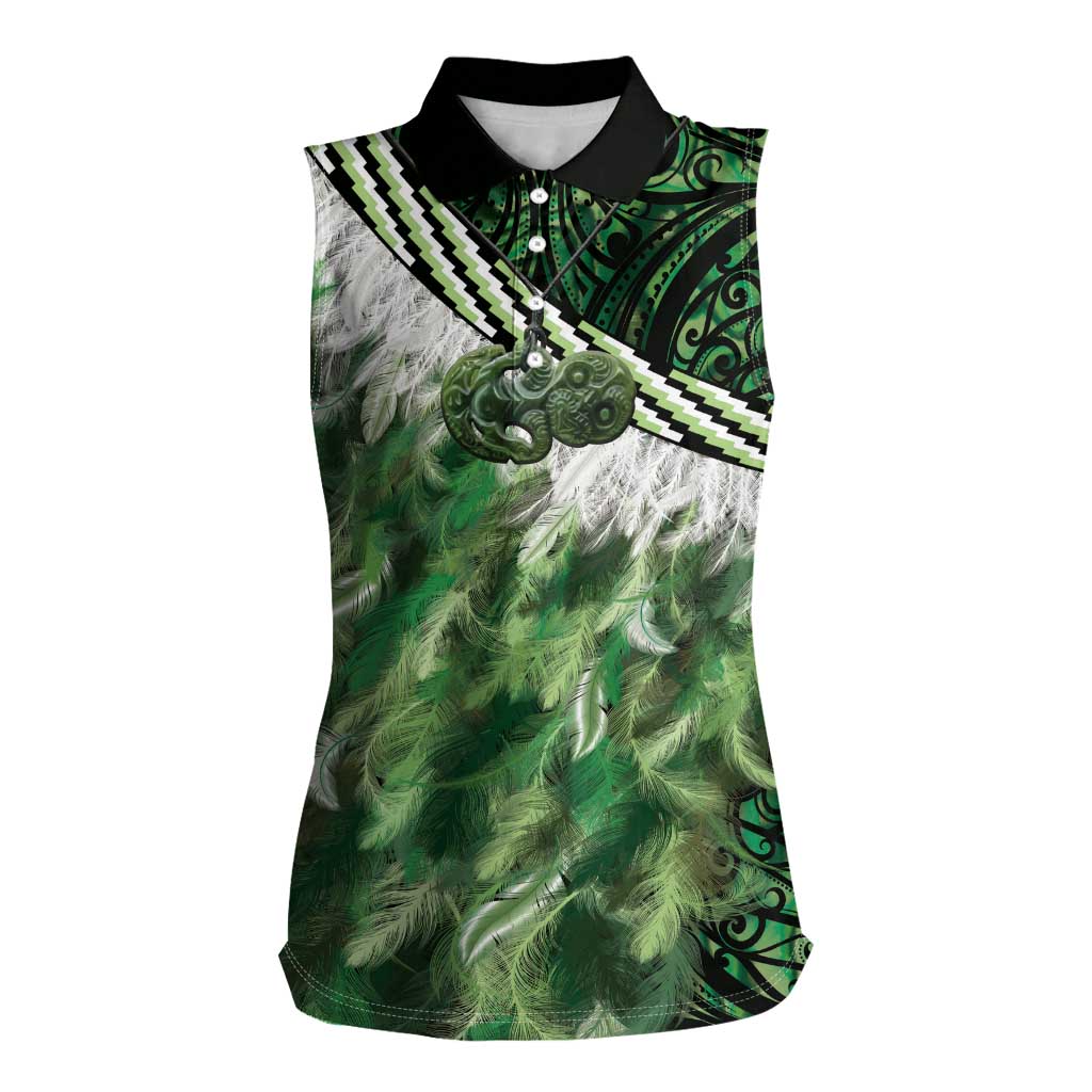 Green Traditional Cloak Aotearoa Women Sleeveless Polo Shirt Maori Paua Shell Korowai Pattern