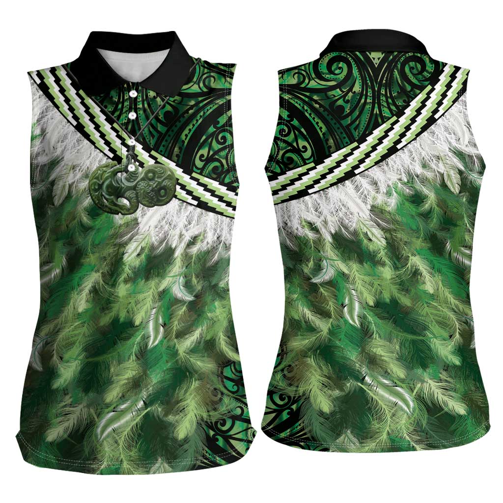 Green Traditional Cloak Aotearoa Women Sleeveless Polo Shirt Maori Paua Shell Korowai Pattern