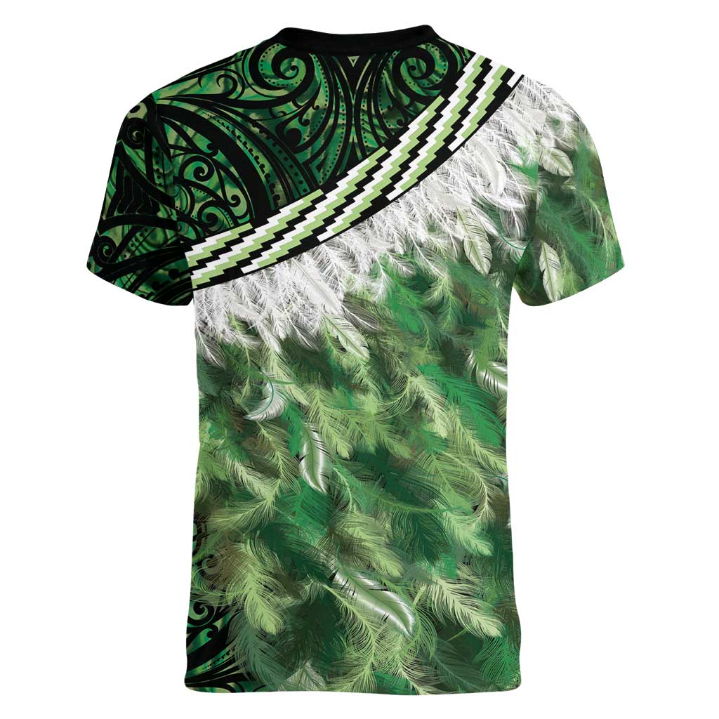 Green Traditional Cloak Aotearoa Women V-Neck T-Shirt Maori Paua Shell Korowai Pattern LT14 - Polynesian Pride