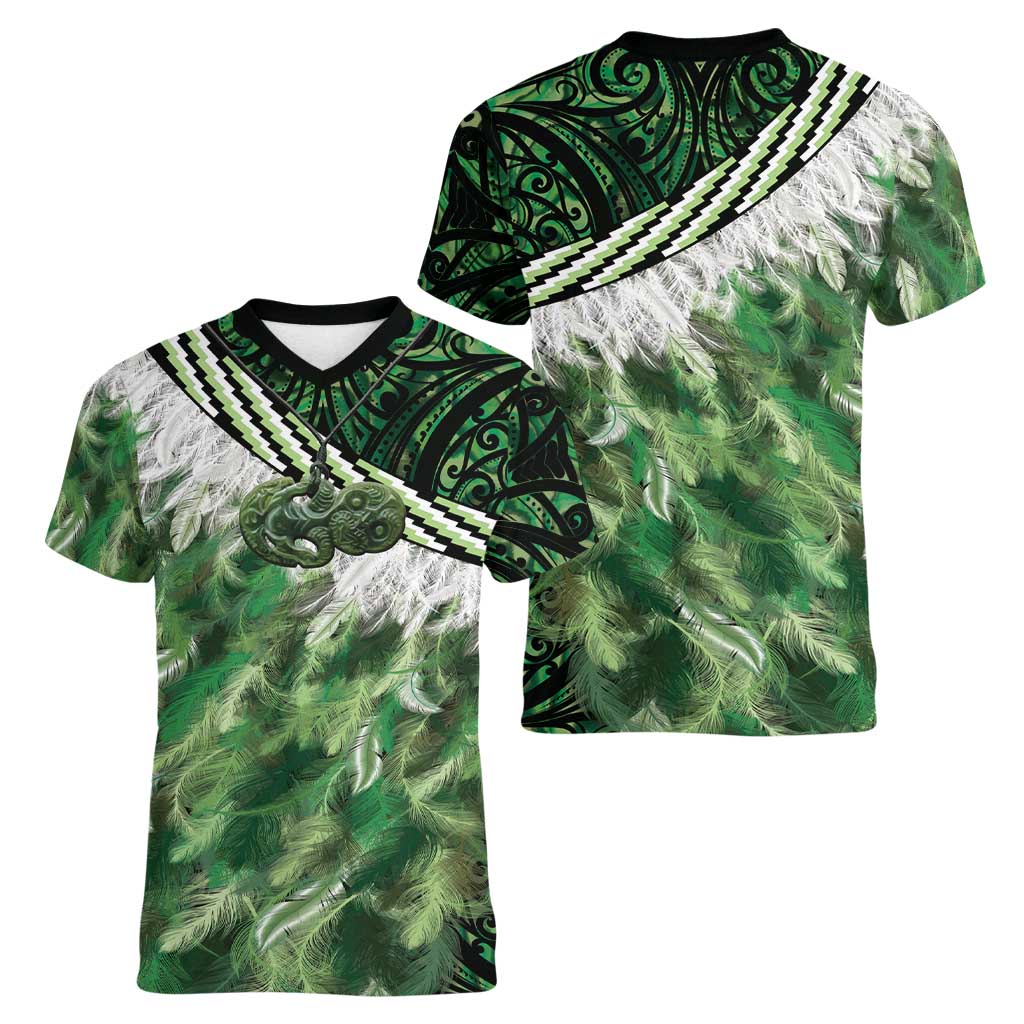 Green Traditional Cloak Aotearoa Women V-Neck T-Shirt Maori Paua Shell Korowai Pattern LT14 - Polynesian Pride