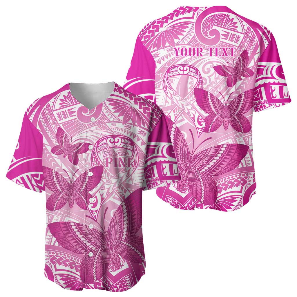 Personalised Polynesia Breast Cancer Awareness Baseball Jersey Think Pink Ribbon Polynesian Butterflies