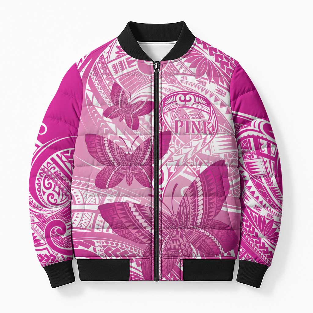 Personalised Polynesia Breast Cancer Awareness Bomber Puffer Jacket Think Pink Ribbon Polynesian Butterflies