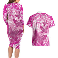 Personalised Polynesia Breast Cancer Awareness Couples Matching Long Sleeve Bodycon Dress and Hawaiian Shirt Think Pink Ribbon Polynesian Butterflies