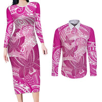 Personalised Polynesia Breast Cancer Awareness Couples Matching Long Sleeve Bodycon Dress and Long Sleeve Button Shirt Think Pink Ribbon Polynesian Butterflies