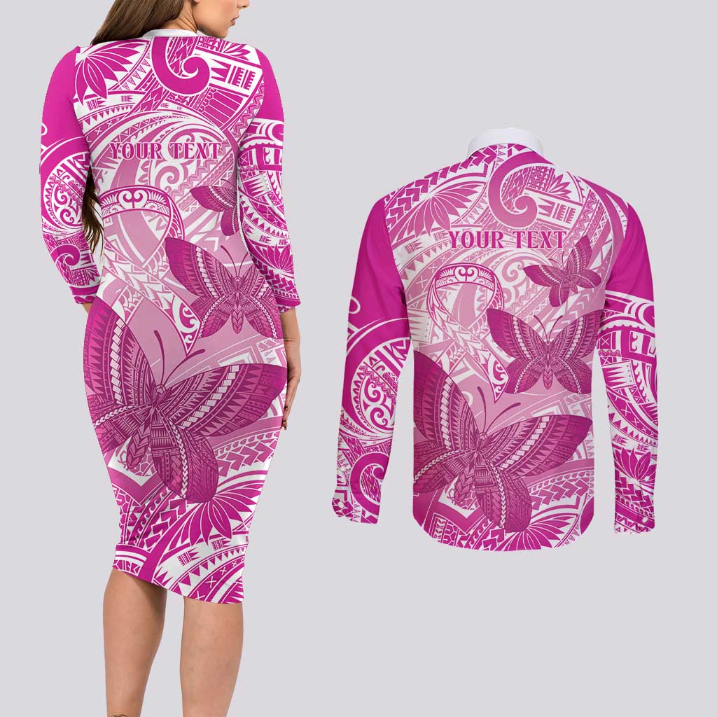 Personalised Polynesia Breast Cancer Awareness Couples Matching Long Sleeve Bodycon Dress and Long Sleeve Button Shirt Think Pink Ribbon Polynesian Butterflies