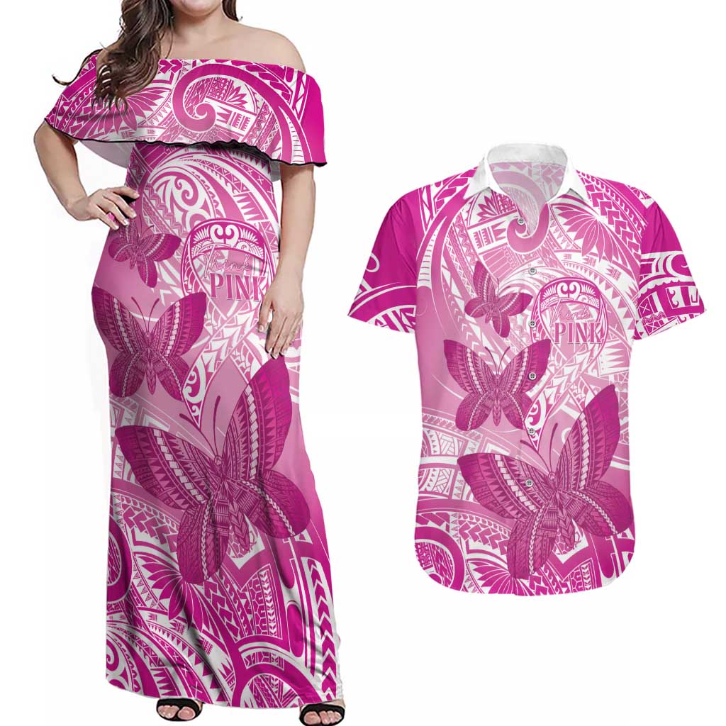 Personalised Polynesia Breast Cancer Awareness Couples Matching Off Shoulder Maxi Dress and Hawaiian Shirt Think Pink Ribbon Polynesian Butterflies