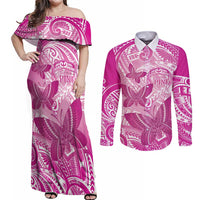Personalised Polynesia Breast Cancer Awareness Couples Matching Off Shoulder Maxi Dress and Long Sleeve Button Shirt Think Pink Ribbon Polynesian Butterflies