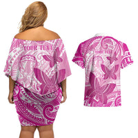 Personalised Polynesia Breast Cancer Awareness Couples Matching Off Shoulder Short Dress and Hawaiian Shirt Think Pink Ribbon Polynesian Butterflies