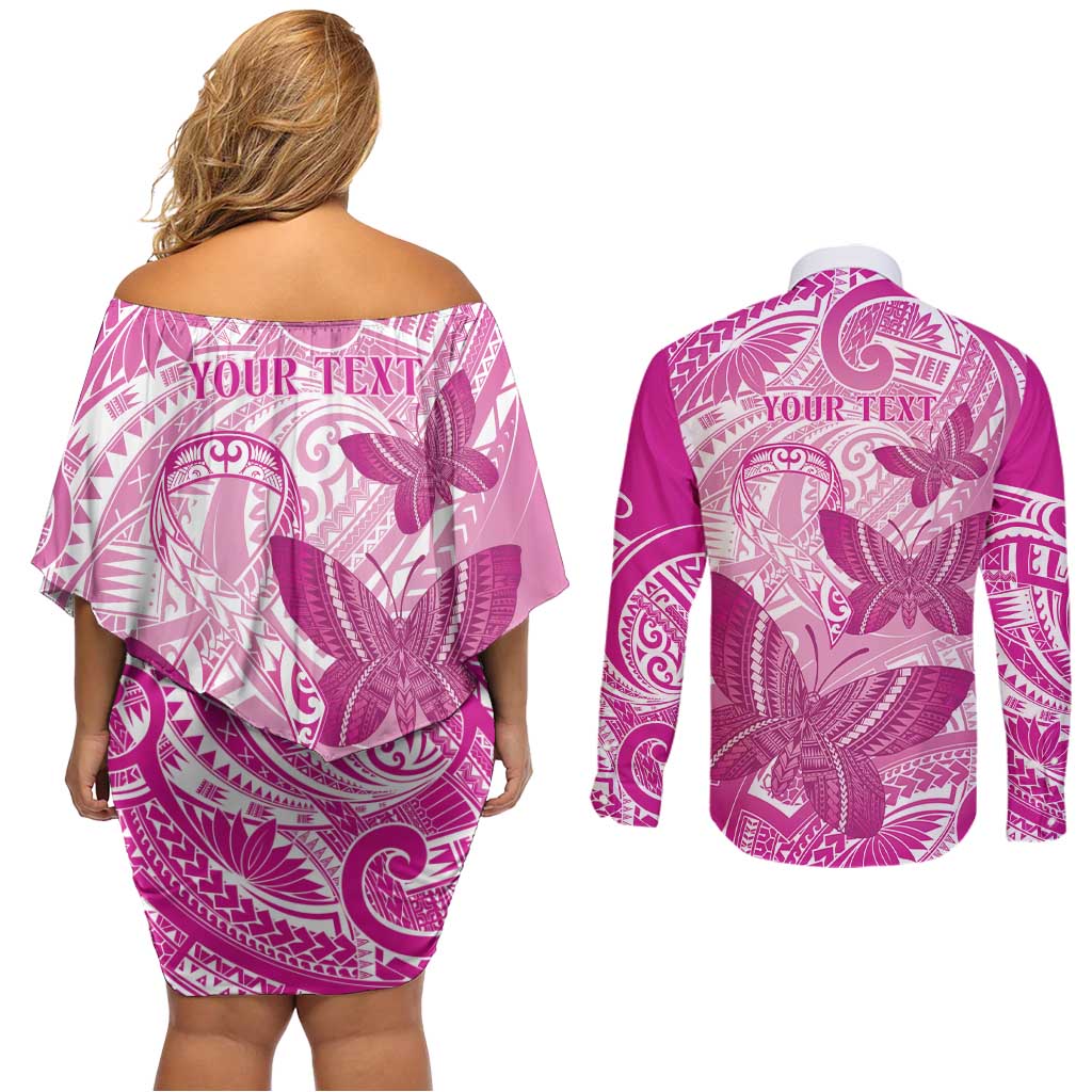 Personalised Polynesia Breast Cancer Awareness Couples Matching Off Shoulder Short Dress and Long Sleeve Button Shirt Think Pink Ribbon Polynesian Butterflies