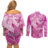 Personalised Polynesia Breast Cancer Awareness Couples Matching Off Shoulder Short Dress and Long Sleeve Button Shirt Think Pink Ribbon Polynesian Butterflies