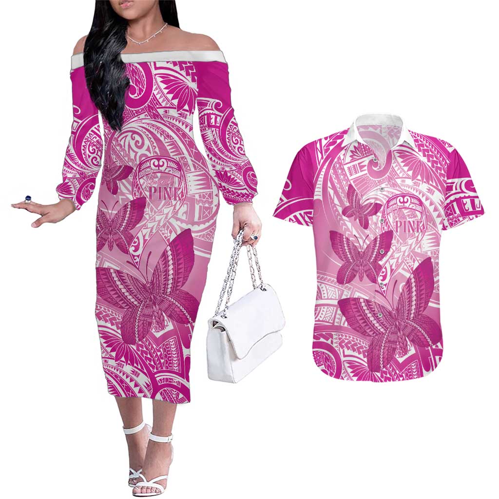 Personalised Polynesia Breast Cancer Awareness Couples Matching Off The Shoulder Long Sleeve Dress and Hawaiian Shirt Think Pink Ribbon Polynesian Butterflies