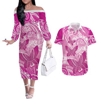 Personalised Polynesia Breast Cancer Awareness Couples Matching Off The Shoulder Long Sleeve Dress and Hawaiian Shirt Think Pink Ribbon Polynesian Butterflies