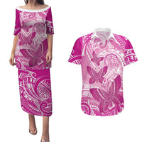 Personalised Polynesia Breast Cancer Awareness Couples Matching Puletasi and Hawaiian Shirt Think Pink Ribbon Polynesian Butterflies