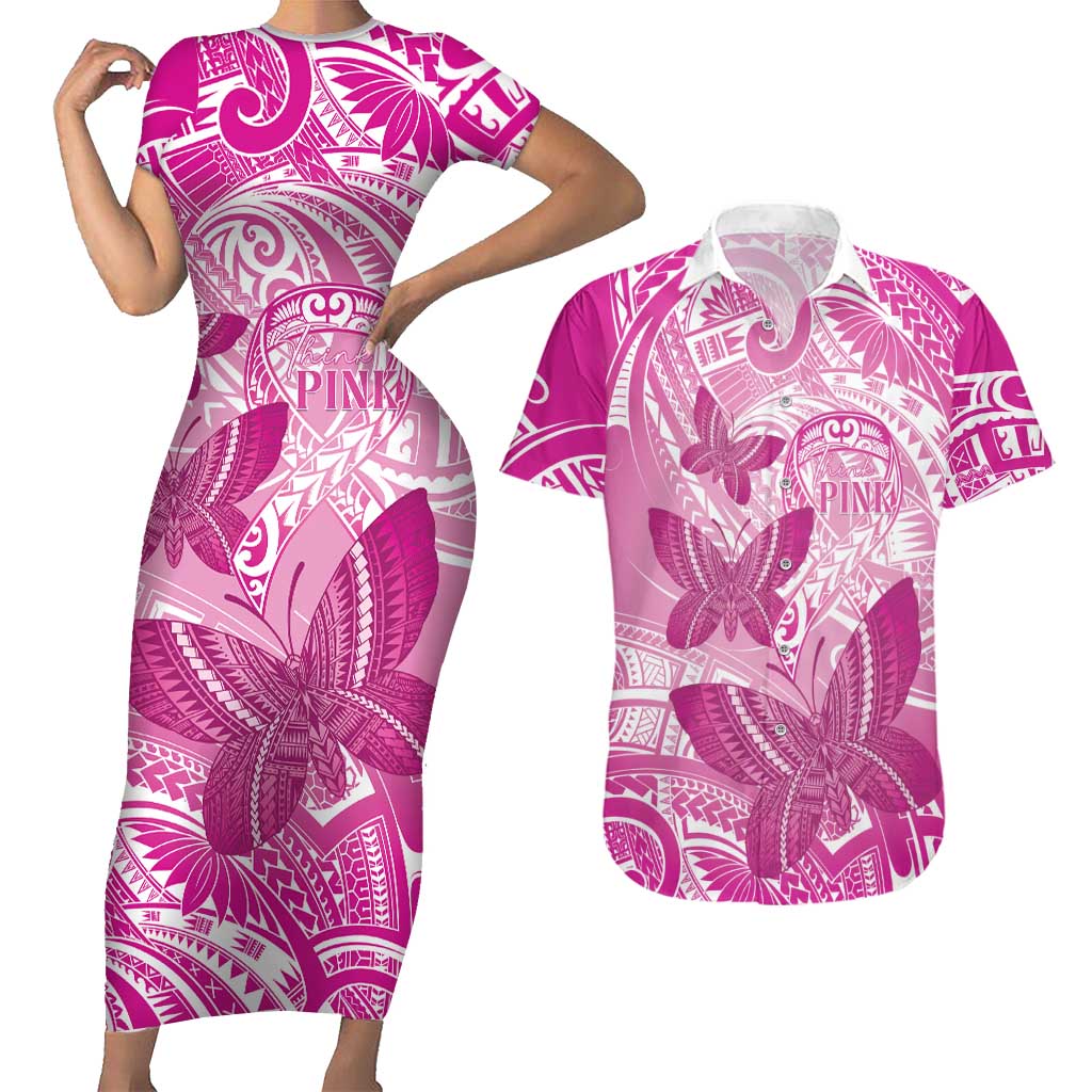 Personalised Polynesia Breast Cancer Awareness Couples Matching Short Sleeve Bodycon Dress and Hawaiian Shirt Think Pink Ribbon Polynesian Butterflies