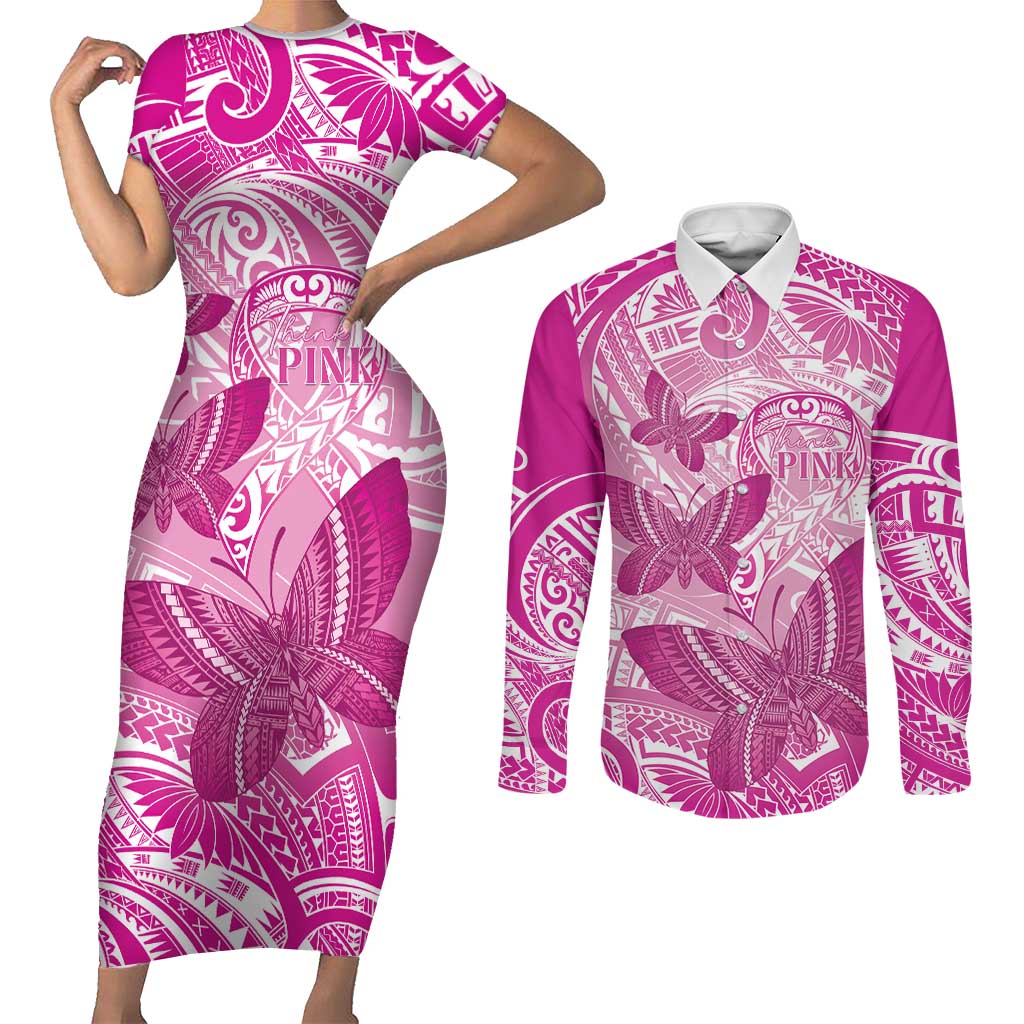 Personalised Polynesia Breast Cancer Awareness Couples Matching Short Sleeve Bodycon Dress and Long Sleeve Button Shirt Think Pink Ribbon Polynesian Butterflies