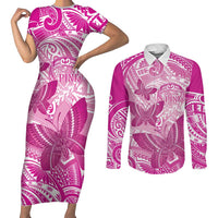 Personalised Polynesia Breast Cancer Awareness Couples Matching Short Sleeve Bodycon Dress and Long Sleeve Button Shirt Think Pink Ribbon Polynesian Butterflies