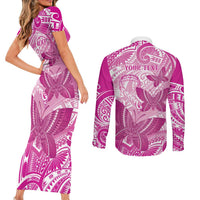 Personalised Polynesia Breast Cancer Awareness Couples Matching Short Sleeve Bodycon Dress and Long Sleeve Button Shirt Think Pink Ribbon Polynesian Butterflies