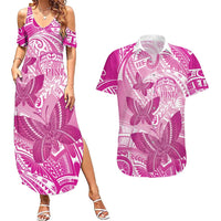 Personalised Polynesia Breast Cancer Awareness Couples Matching Summer Maxi Dress and Hawaiian Shirt Think Pink Ribbon Polynesian Butterflies