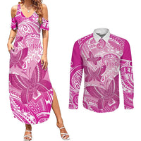 Personalised Polynesia Breast Cancer Awareness Couples Matching Summer Maxi Dress and Long Sleeve Button Shirt Think Pink Ribbon Polynesian Butterflies