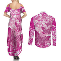 Personalised Polynesia Breast Cancer Awareness Couples Matching Summer Maxi Dress and Long Sleeve Button Shirt Think Pink Ribbon Polynesian Butterflies