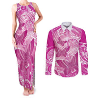 Personalised Polynesia Breast Cancer Awareness Couples Matching Tank Maxi Dress and Long Sleeve Button Shirt Think Pink Ribbon Polynesian Butterflies