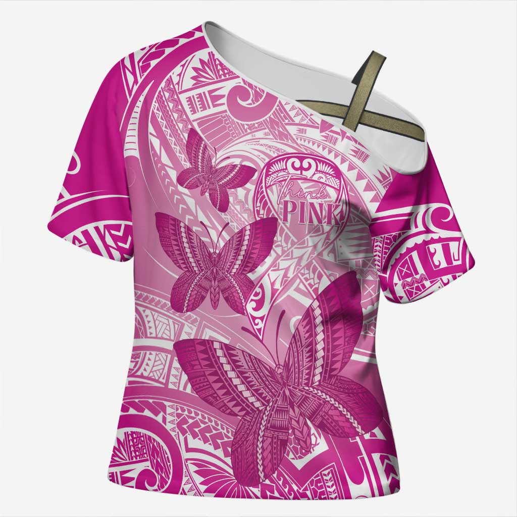 Personalised Polynesia Breast Cancer Awareness Cross Shoulder Shirt Think Pink Ribbon Polynesian Butterflies