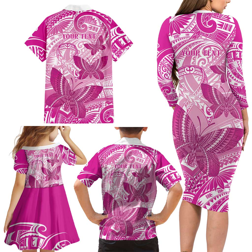Personalised Polynesia Breast Cancer Awareness Family Matching Long Sleeve Bodycon Dress and Hawaiian Shirt Think Pink Ribbon Polynesian Butterflies