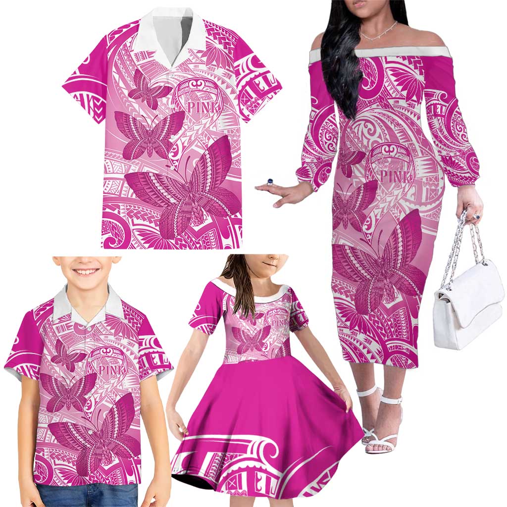 Personalised Polynesia Breast Cancer Awareness Family Matching Off The Shoulder Long Sleeve Dress and Hawaiian Shirt Think Pink Ribbon Polynesian Butterflies