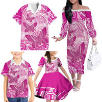 Personalised Polynesia Breast Cancer Awareness Family Matching Off The Shoulder Long Sleeve Dress and Hawaiian Shirt Think Pink Ribbon Polynesian Butterflies