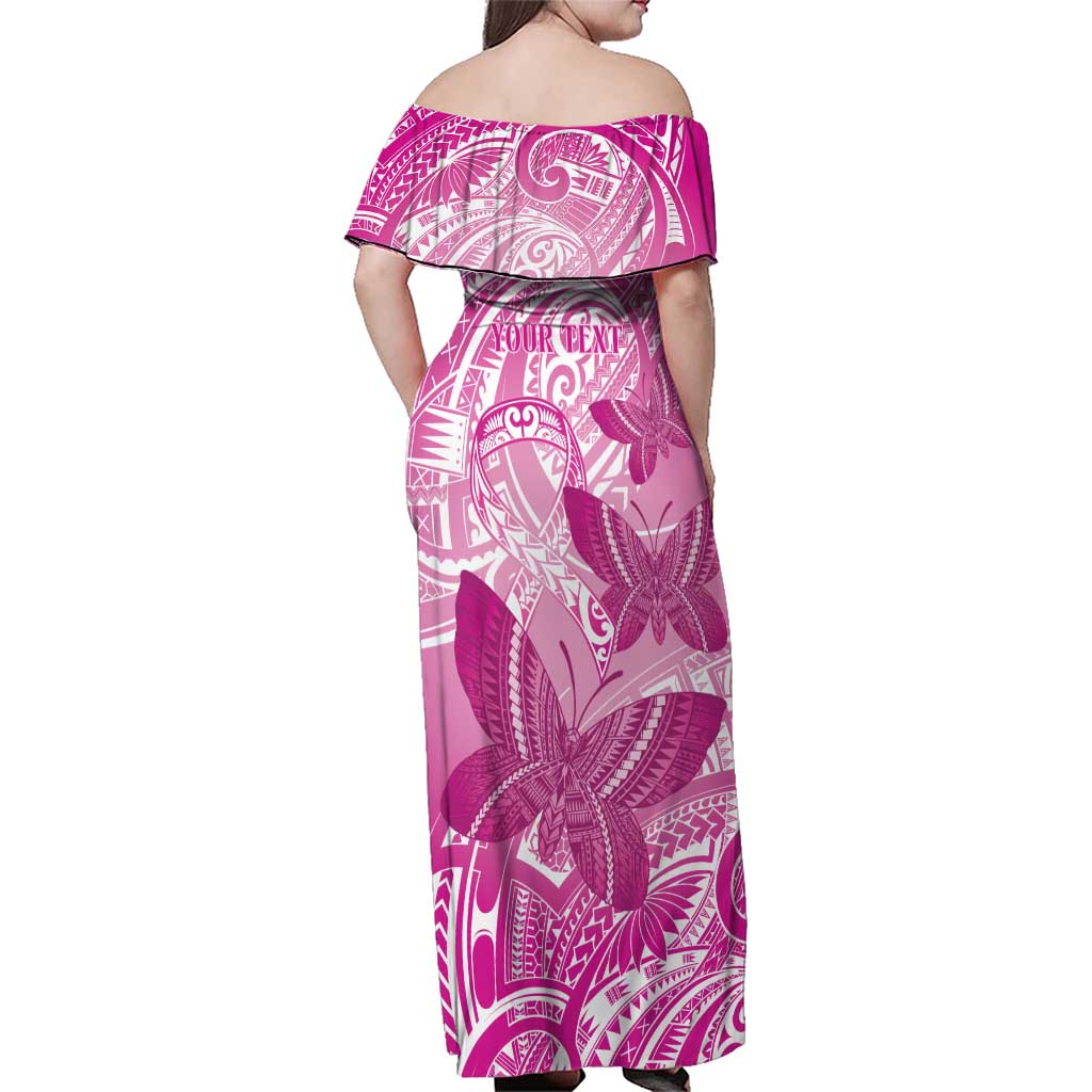 Personalised Polynesia Breast Cancer Awareness Family Matching Off Shoulder Maxi Dress and Hawaiian Shirt Think Pink Ribbon Polynesian Butterflies