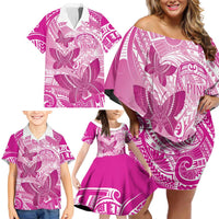Personalised Polynesia Breast Cancer Awareness Family Matching Off Shoulder Short Dress and Hawaiian Shirt Think Pink Ribbon Polynesian Butterflies