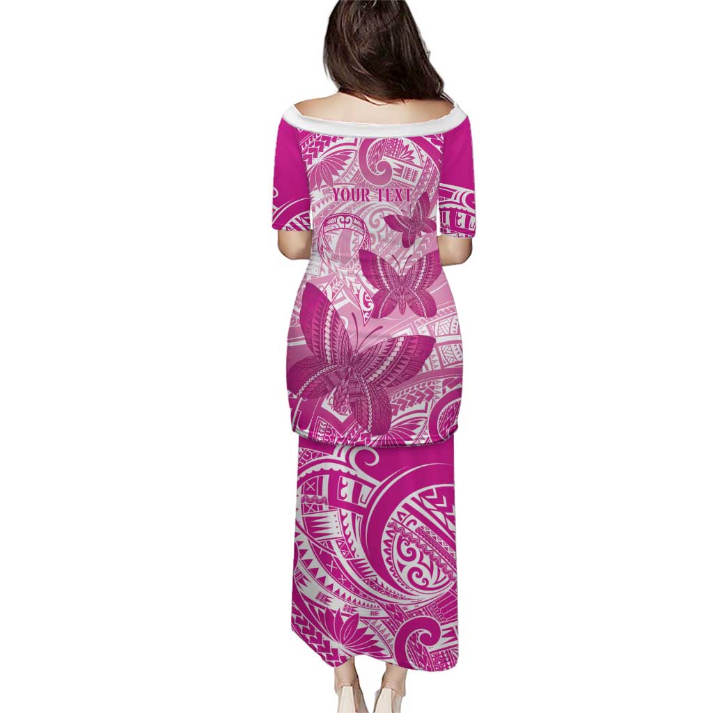 Personalised Polynesia Breast Cancer Awareness Family Matching Puletasi and Hawaiian Shirt Think Pink Ribbon Polynesian Butterflies