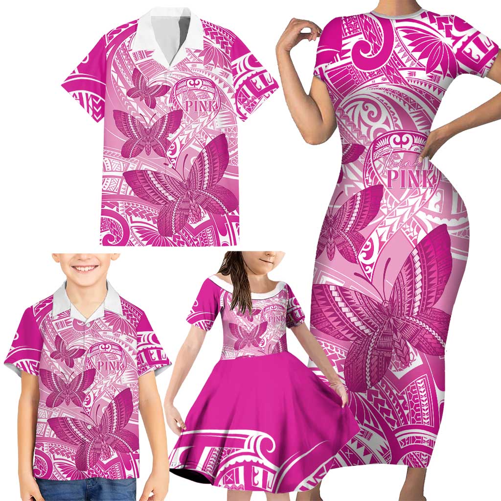 Personalised Polynesia Breast Cancer Awareness Family Matching Short Sleeve Bodycon Dress and Hawaiian Shirt Think Pink Ribbon Polynesian Butterflies LT14 - Polynesian Pride