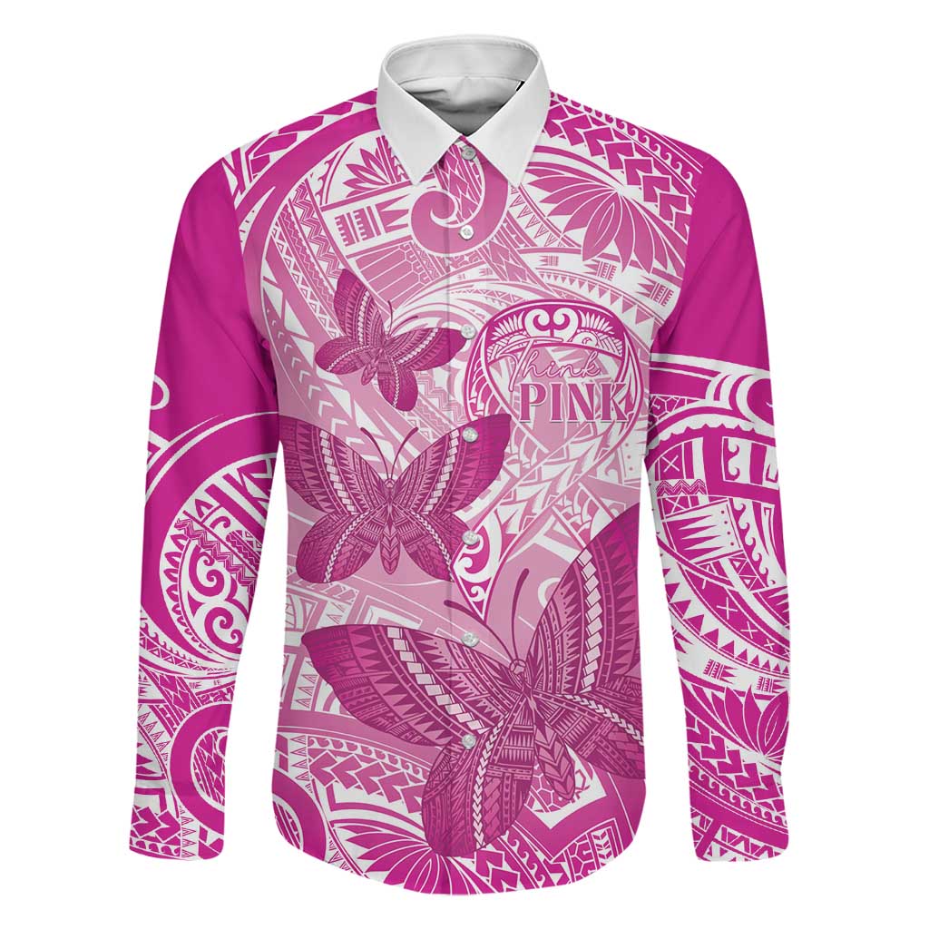 Personalised Polynesia Breast Cancer Awareness Family Matching Short Sleeve Bodycon Dress and Hawaiian Shirt Think Pink Ribbon Polynesian Butterflies LT14 Dad's Shirt - Long Sleeve Pink - Polynesian Pride
