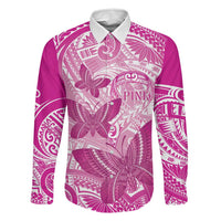 Personalised Polynesia Breast Cancer Awareness Family Matching Short Sleeve Bodycon Dress and Hawaiian Shirt Think Pink Ribbon Polynesian Butterflies LT14 Dad's Shirt - Long Sleeve Pink - Polynesian Pride