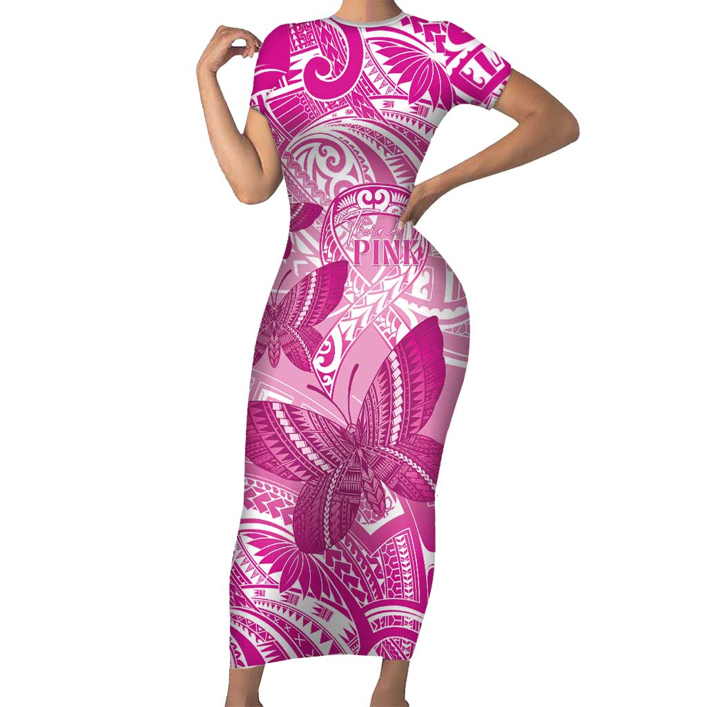 Personalised Polynesia Breast Cancer Awareness Family Matching Short Sleeve Bodycon Dress and Hawaiian Shirt Think Pink Ribbon Polynesian Butterflies LT14 Mom's Dress Pink - Polynesian Pride