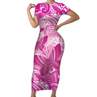 Personalised Polynesia Breast Cancer Awareness Family Matching Short Sleeve Bodycon Dress and Hawaiian Shirt Think Pink Ribbon Polynesian Butterflies LT14 Mom's Dress Pink - Polynesian Pride