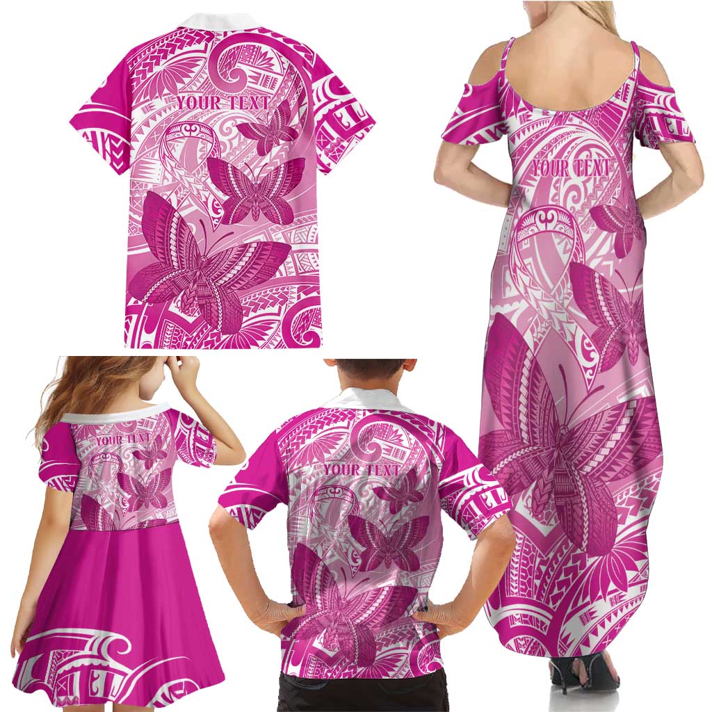 Personalised Polynesia Breast Cancer Awareness Family Matching Summer Maxi Dress and Hawaiian Shirt Think Pink Ribbon Polynesian Butterflies
