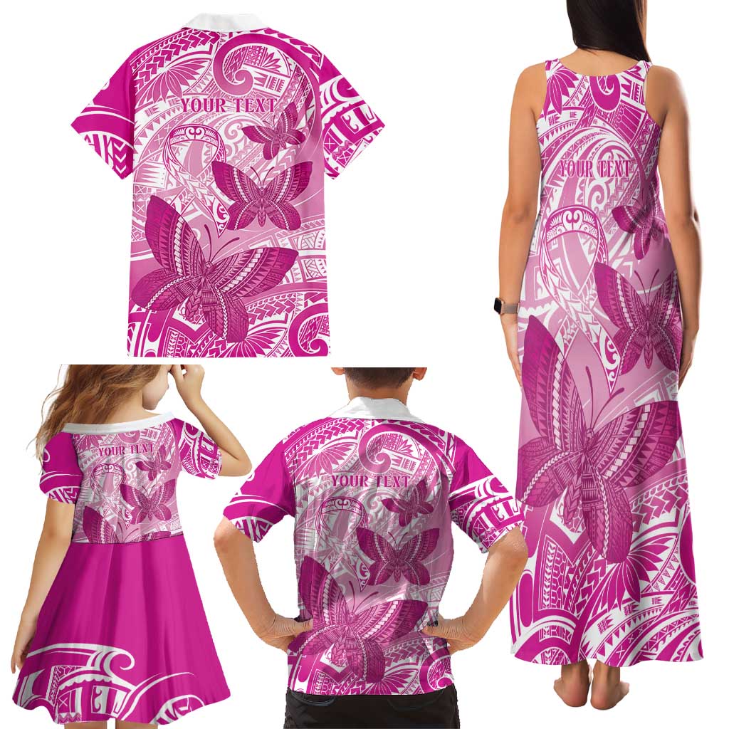 Personalised Polynesia Breast Cancer Awareness Family Matching Tank Maxi Dress and Hawaiian Shirt Think Pink Ribbon Polynesian Butterflies