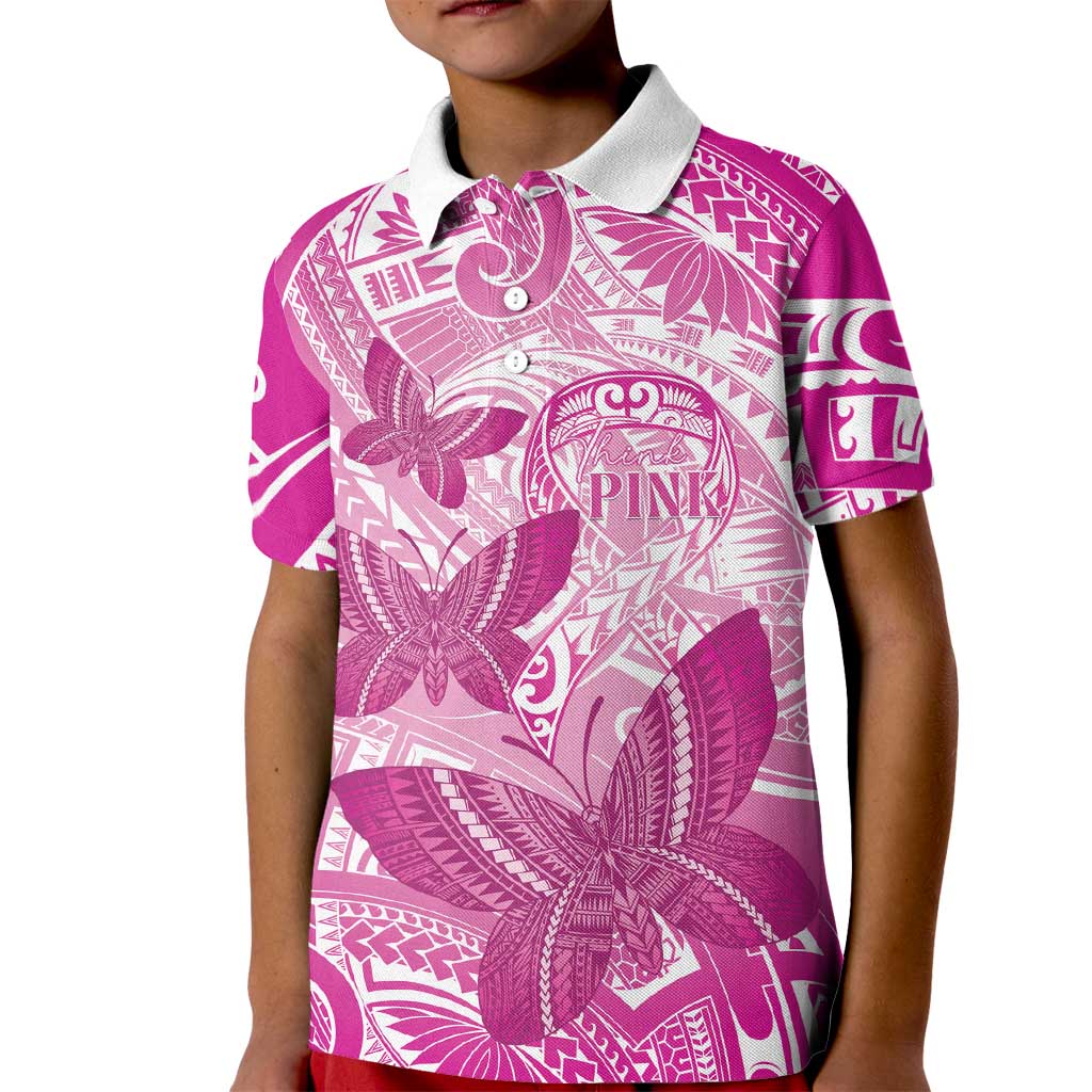 Personalised Polynesia Breast Cancer Awareness Kid Polo Shirt Think Pink Ribbon Polynesian Butterflies