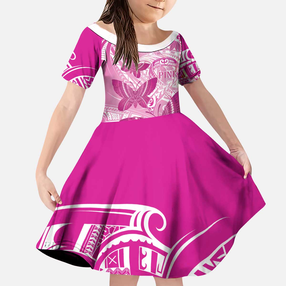 Personalised Polynesia Breast Cancer Awareness Kid Short Sleeve Dress Think Pink Ribbon Polynesian Butterflies LT14 KID Pink - Polynesian Pride