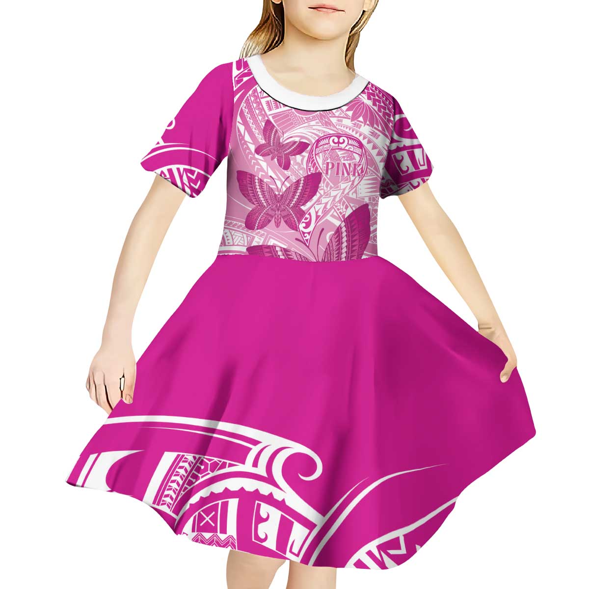 Personalised Polynesia Breast Cancer Awareness Kid Short Sleeve Dress Think Pink Ribbon Polynesian Butterflies LT14 - Polynesian Pride
