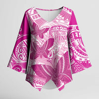 Personalised Polynesia Breast Cancer Awareness Kimono Sleeve Blouse Think Pink Ribbon Polynesian Butterflies