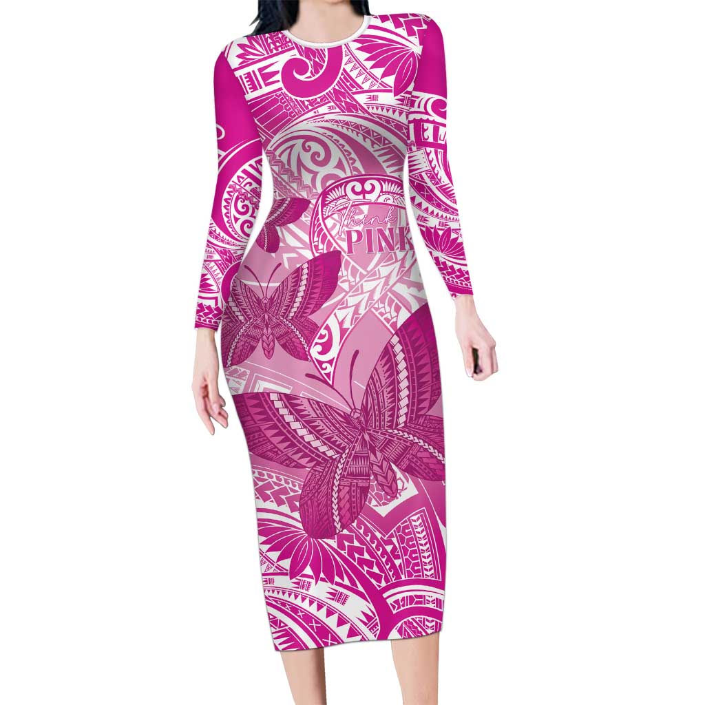 Personalised Polynesia Breast Cancer Awareness Long Sleeve Bodycon Dress Think Pink Ribbon Polynesian Butterflies LT14 Long Dress Pink - Polynesian Pride