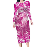 Personalised Polynesia Breast Cancer Awareness Long Sleeve Bodycon Dress Think Pink Ribbon Polynesian Butterflies LT14 Long Dress Pink - Polynesian Pride