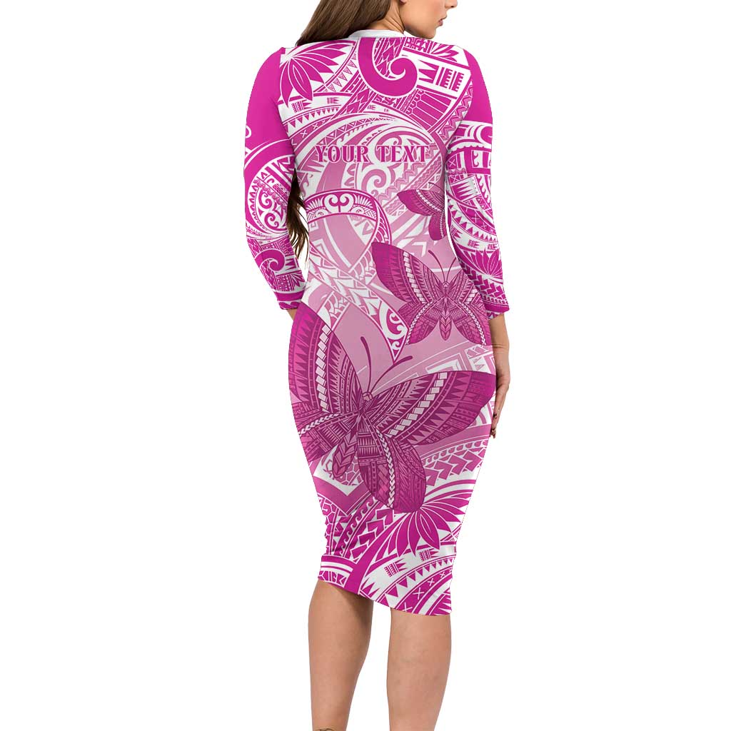 Personalised Polynesia Breast Cancer Awareness Long Sleeve Bodycon Dress Think Pink Ribbon Polynesian Butterflies LT14 - Polynesian Pride