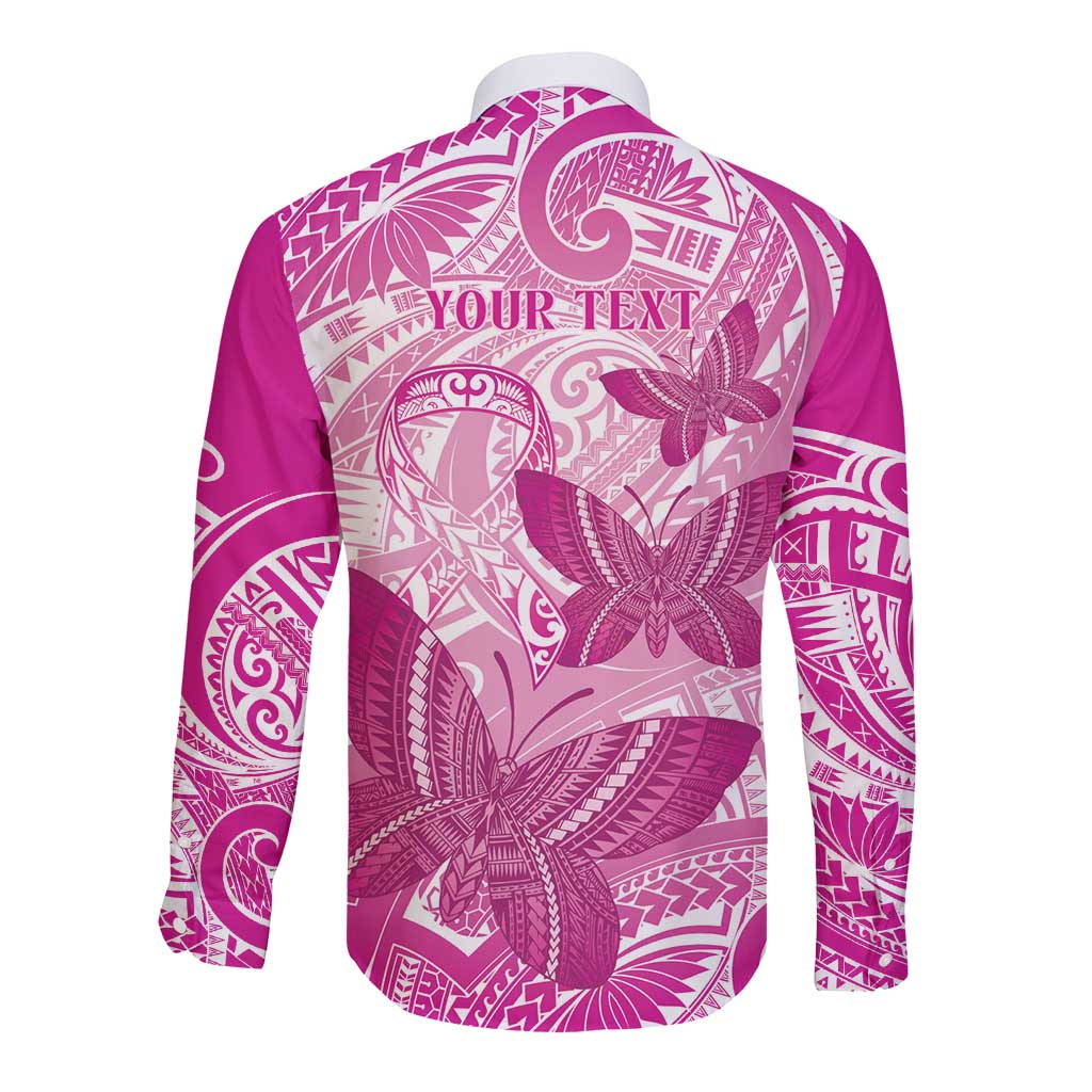 Personalised Polynesia Breast Cancer Awareness Long Sleeve Button Shirt Think Pink Ribbon Polynesian Butterflies
