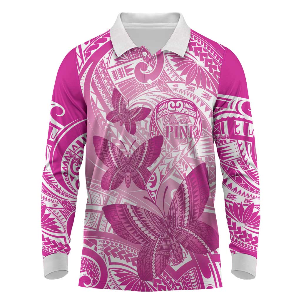 Personalised Polynesia Breast Cancer Awareness Long Sleeve Polo Shirt Think Pink Ribbon Polynesian Butterflies LT14 Pink - Polynesian Pride