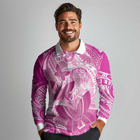 Personalised Polynesia Breast Cancer Awareness Long Sleeve Polo Shirt Think Pink Ribbon Polynesian Butterflies LT14 - Polynesian Pride
