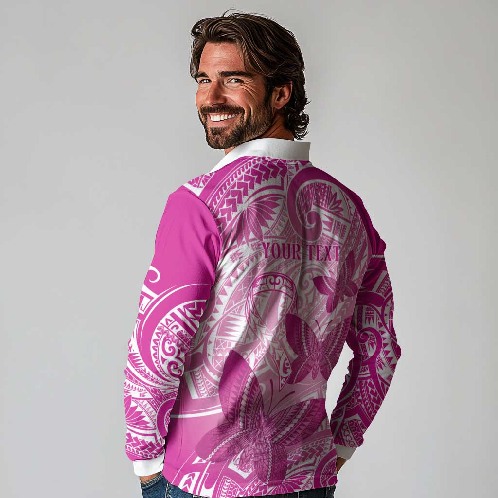 Personalised Polynesia Breast Cancer Awareness Long Sleeve Polo Shirt Think Pink Ribbon Polynesian Butterflies LT14 - Polynesian Pride